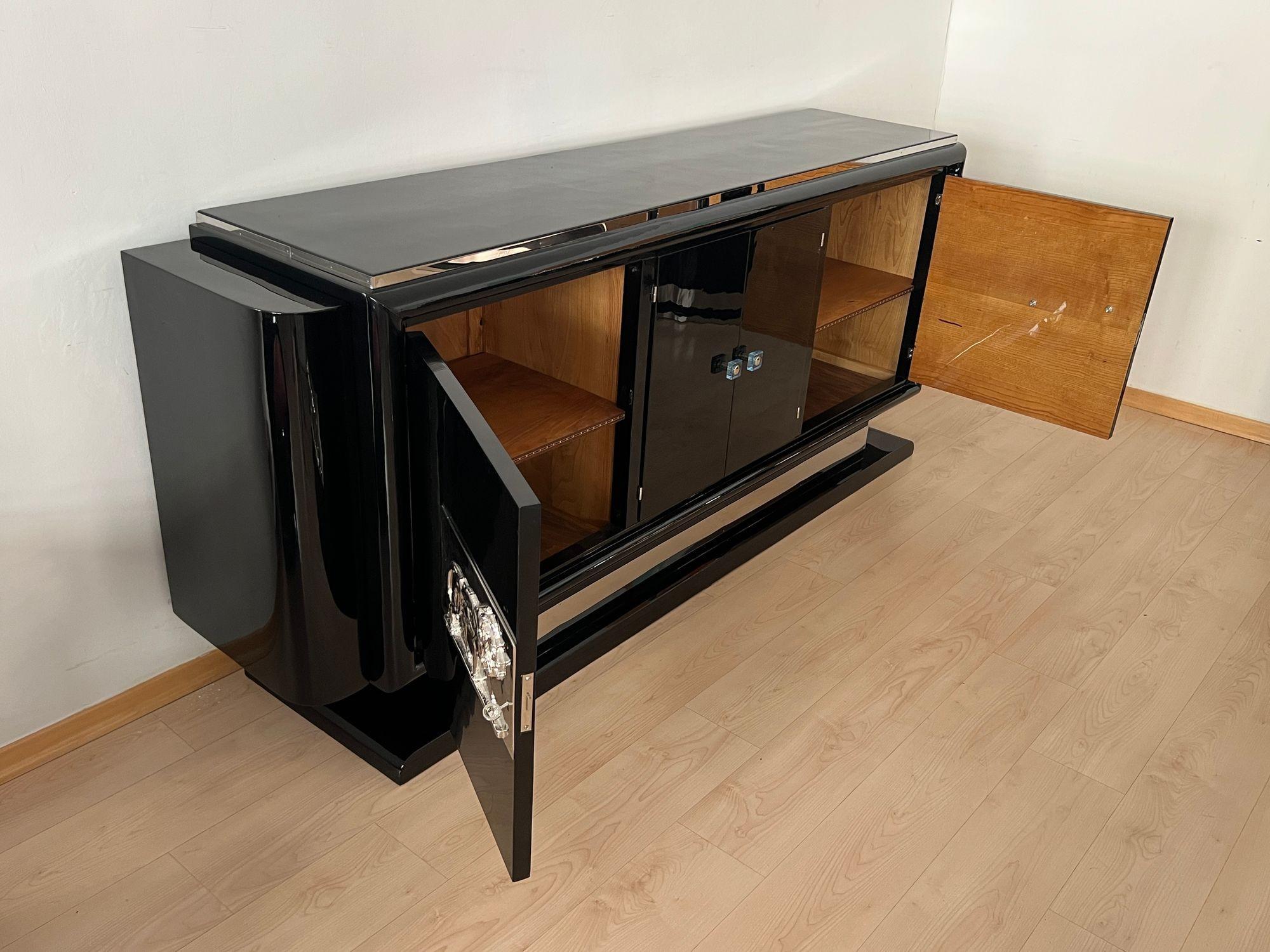 Art Deco Bar-Sideboard, Black Lacquer, Chromed Lion Appliqués, France circa 1930 For Sale 9