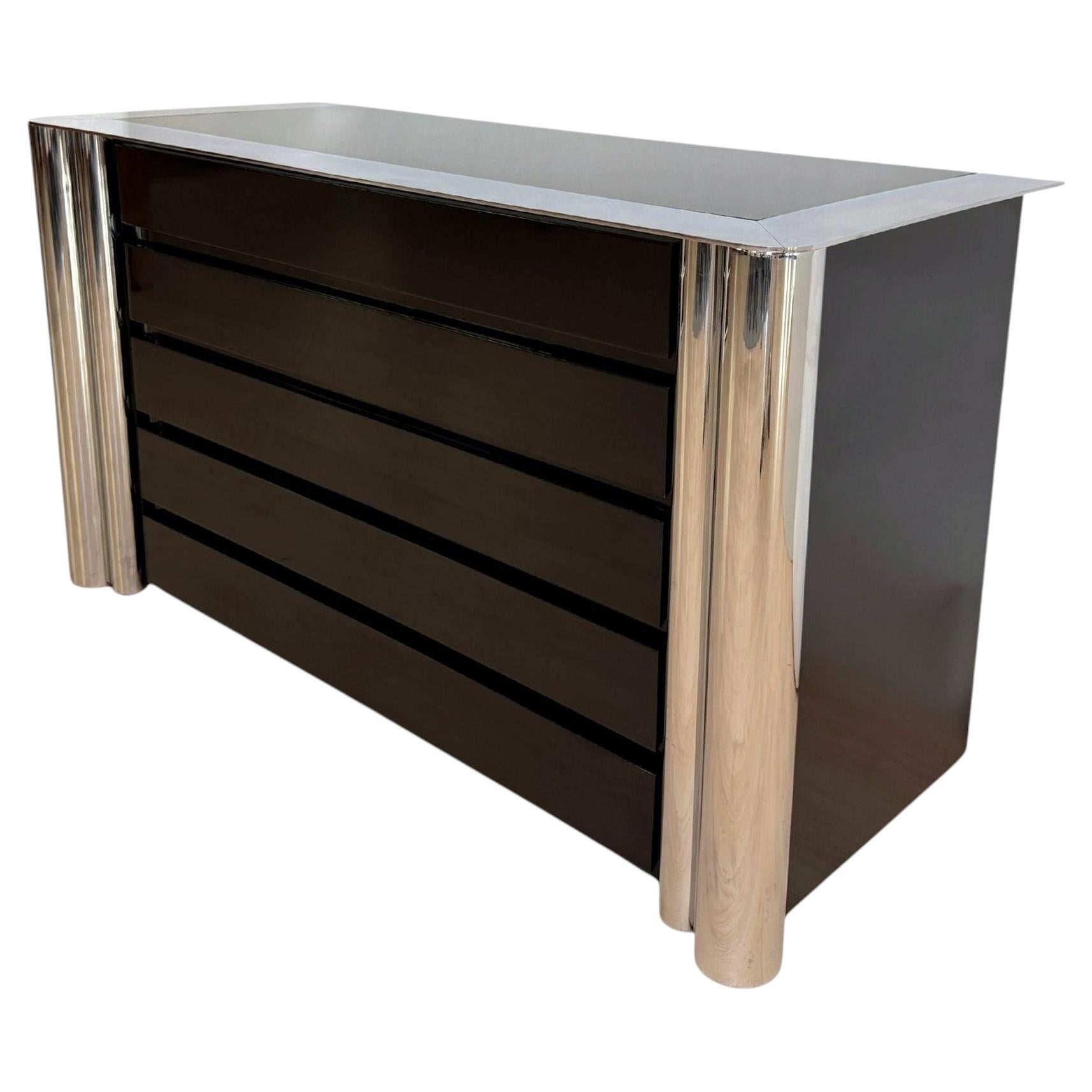 Chest of 5 Drawers, Black Lacquer and Chrome, A. Mosca for Cinova, Italy, 1969 For Sale