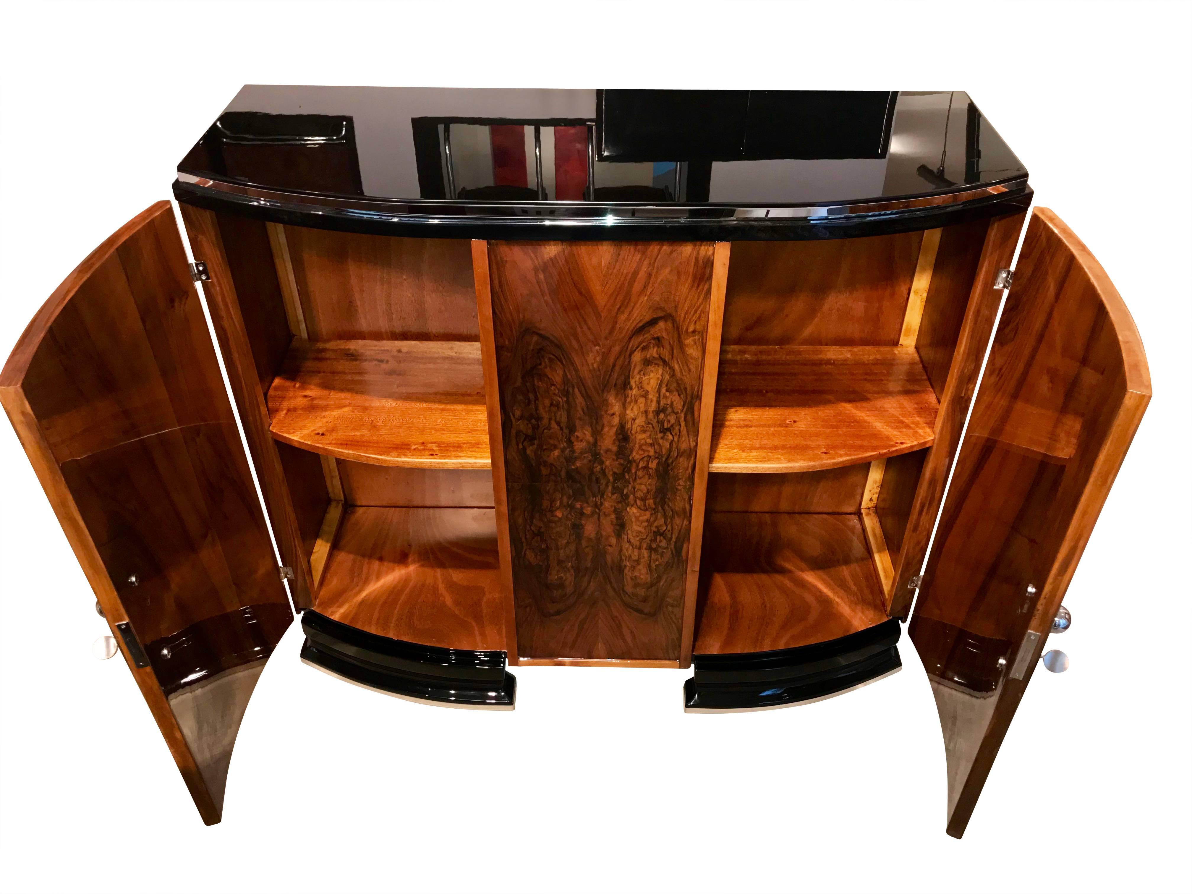 French Small Art Deco Sideboard, Walnut Veneer, Chrome and Black Parts, France, 1930s