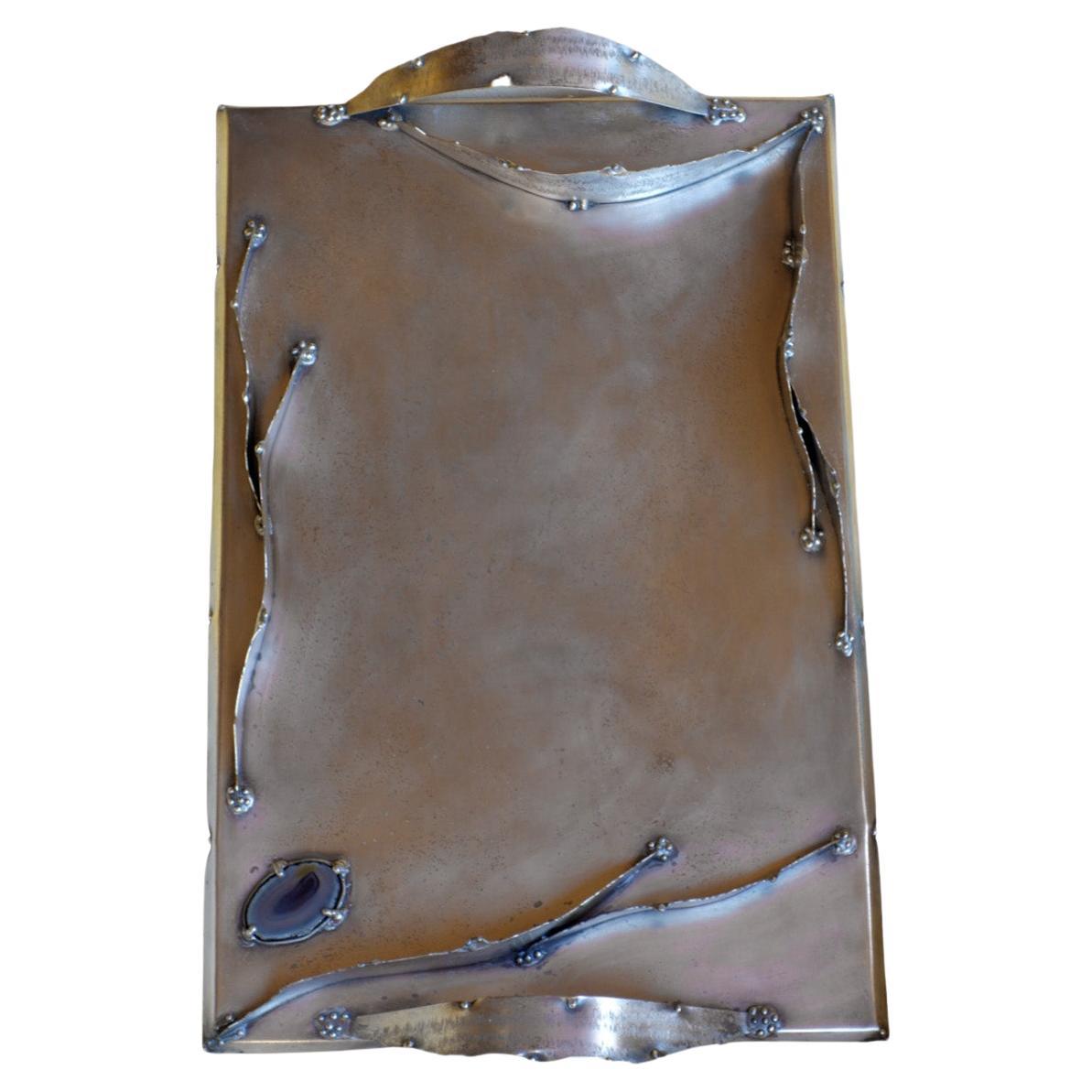 1970 "Ely"  Italian Art Studio Design Silver Metal Agate Tray