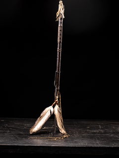Antique Native American Plains Tomahawk with Beadwork, Hide and Feather Decorati
