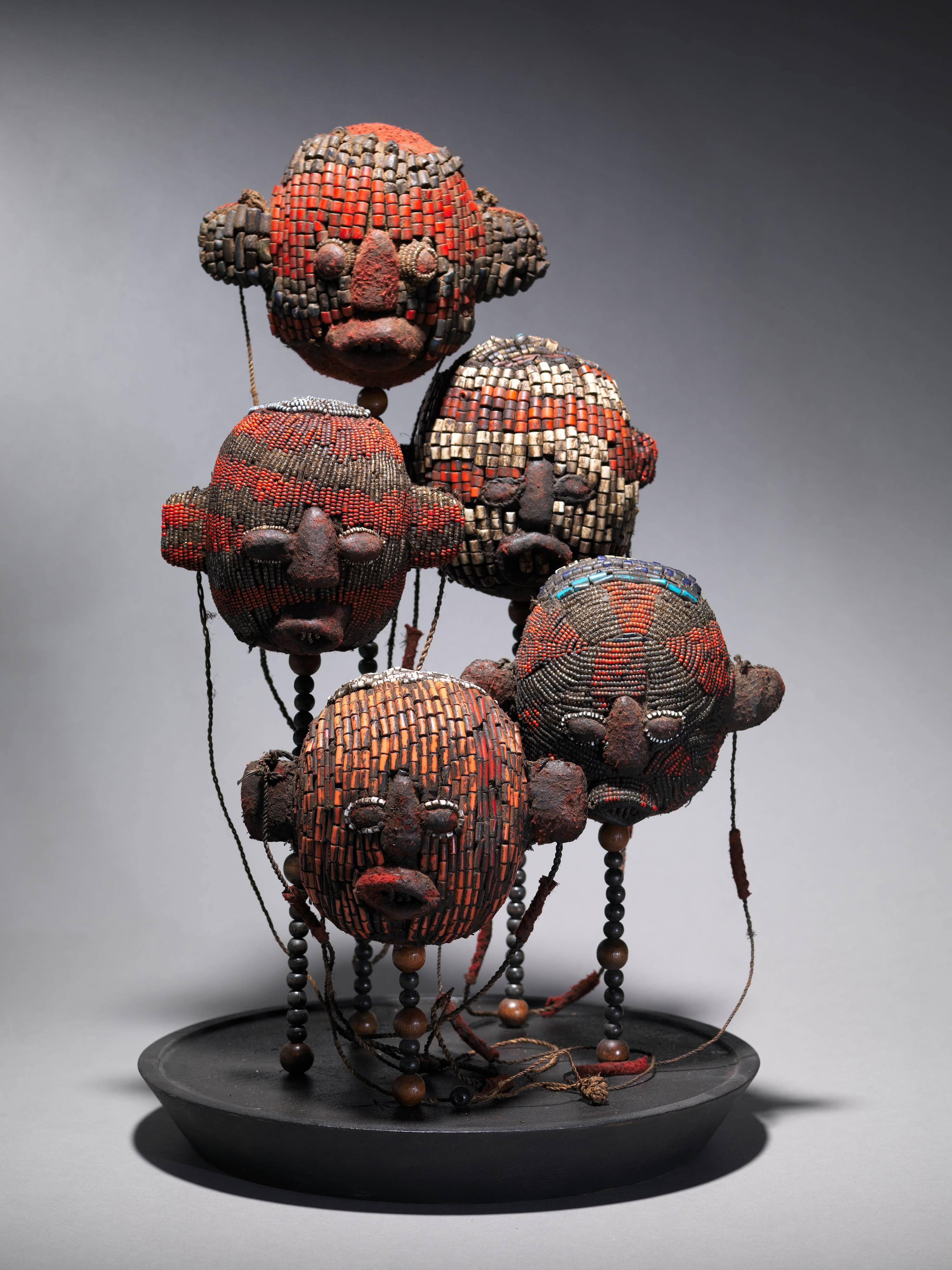 20th Century Two Handblown Glass Domes with Fine Beaded Regalia, Cameroon Grasslands