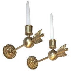 Pair of French First Empire Doré Bronze Lion and Arrow Wall Sconces