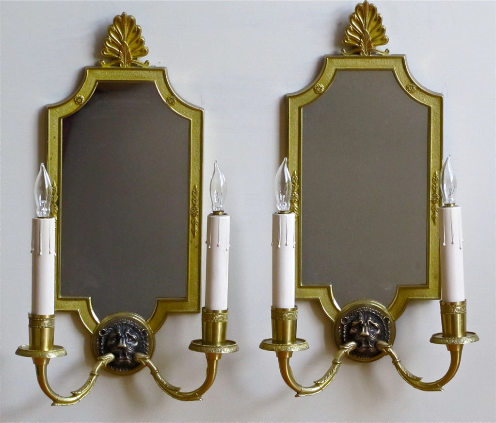 Pair of Mirrored Brass French Empire Style Lion Sconces In Good Condition For Sale In Dallas, TX