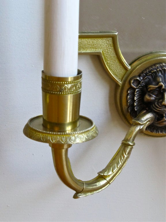 Pair of Mirrored Brass French Empire Style Lion Sconces For Sale 4