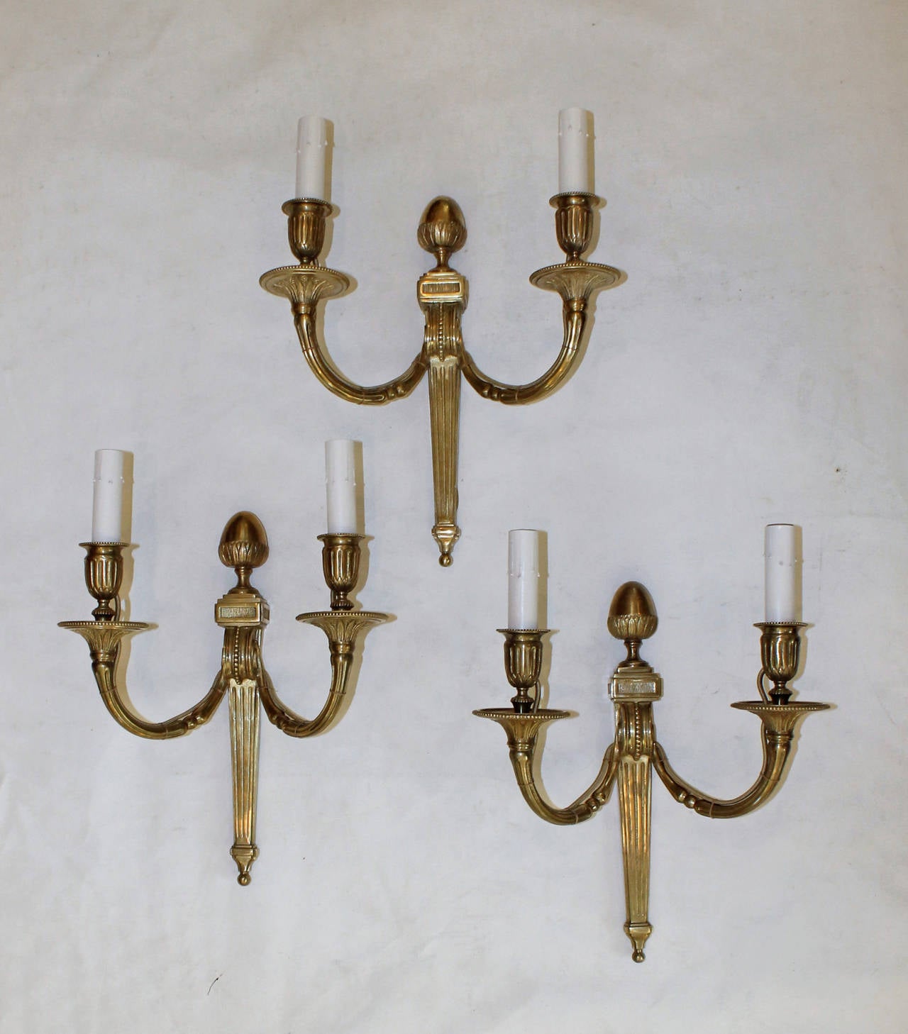 Late 20th Century Trio Maison Baguès Bronze Louis XVI Style Sconces For Sale