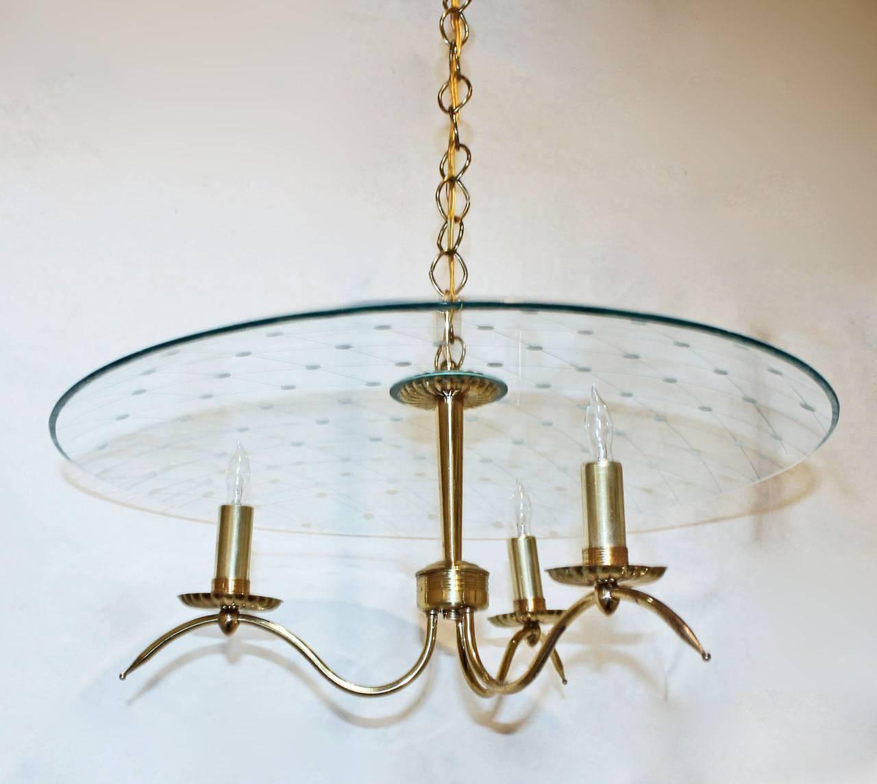 Mid-20th Century Exquisite Italian Fontana Arte Style Brass Etched Glass Chandelier For Sale