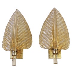 Pair of Barovier & Toso Murano Glass Plume Leaf Wall Sconces
