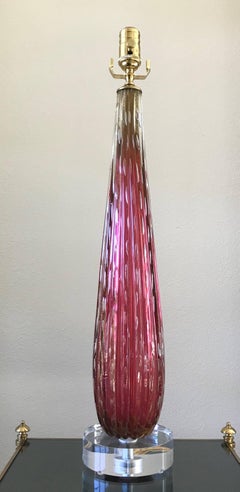 Single Tall Italian Murano Glass Lamp in Cranberry and Gold