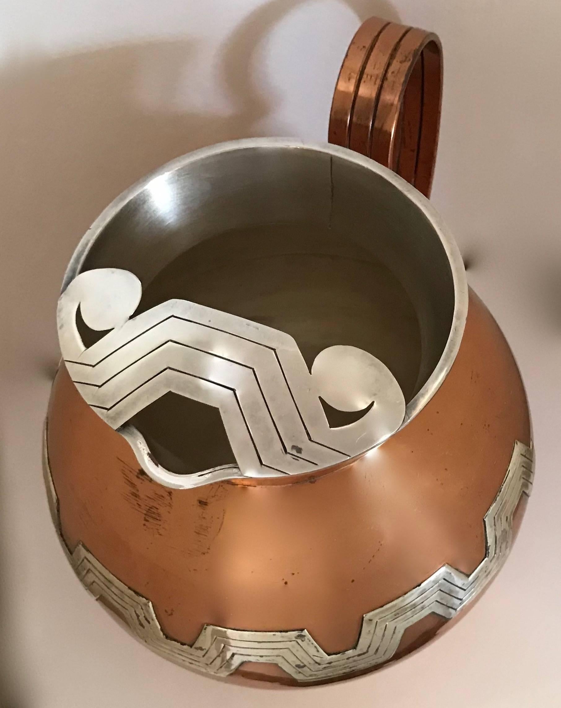 Mid-Century Modern Mexican Modernist Taxco Victoria Copper and Sterling Water Pitcher
