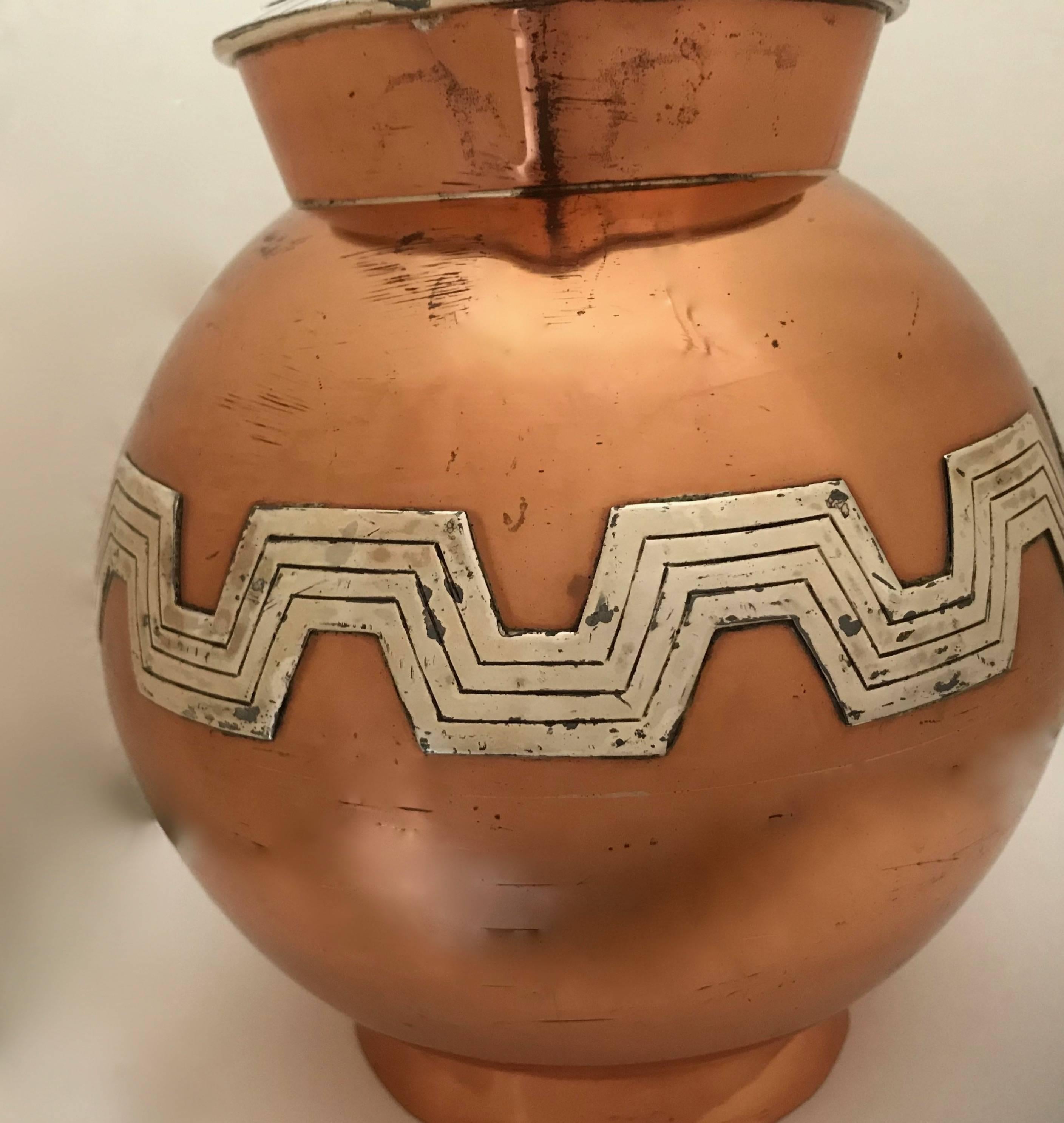 Mid-20th Century Mexican Modernist Taxco Victoria Copper and Sterling Water Pitcher