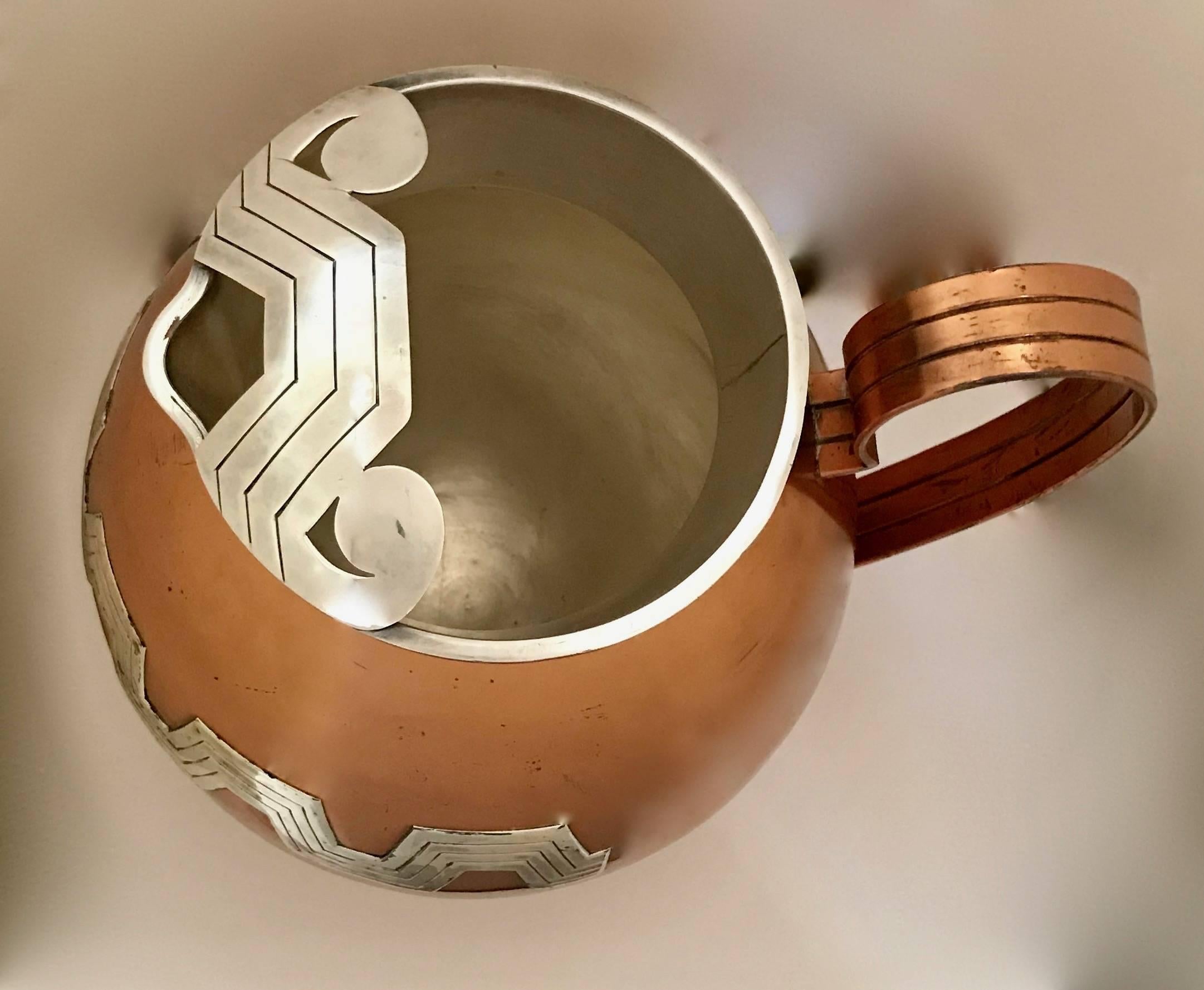 Mexican Modernist Taxco Victoria Copper and Sterling Water Pitcher In Good Condition In Dallas, TX