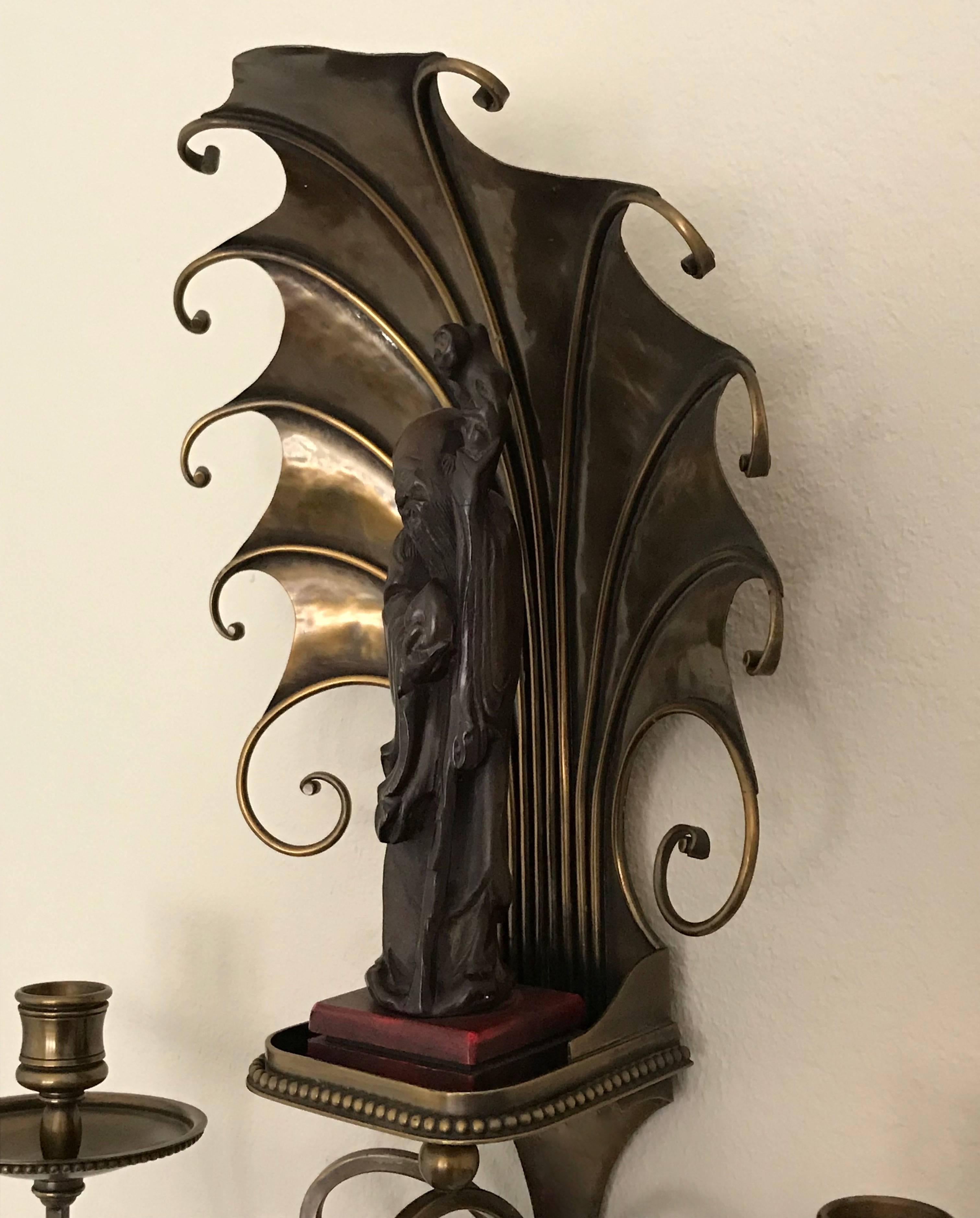 Pair of Shou Xing Bronze Art Deco Wall Sconces In Good Condition For Sale In Dallas, TX