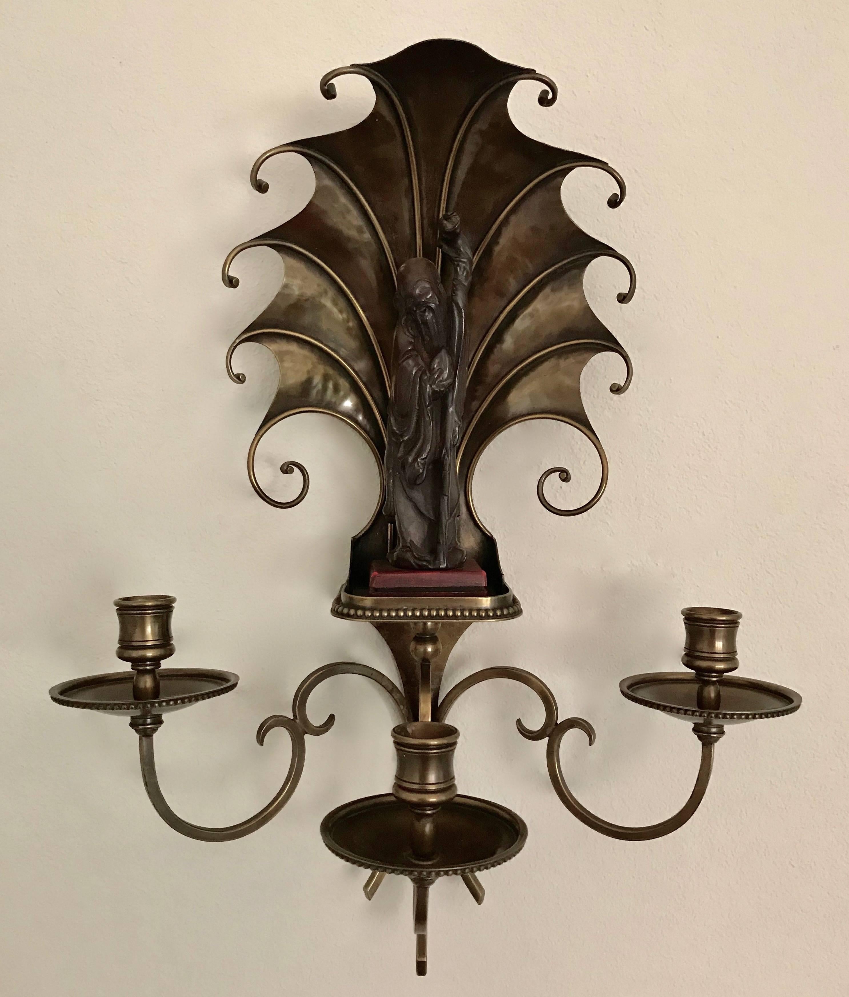 Pair of Shou Xing Bronze Art Deco Wall Sconces For Sale 2