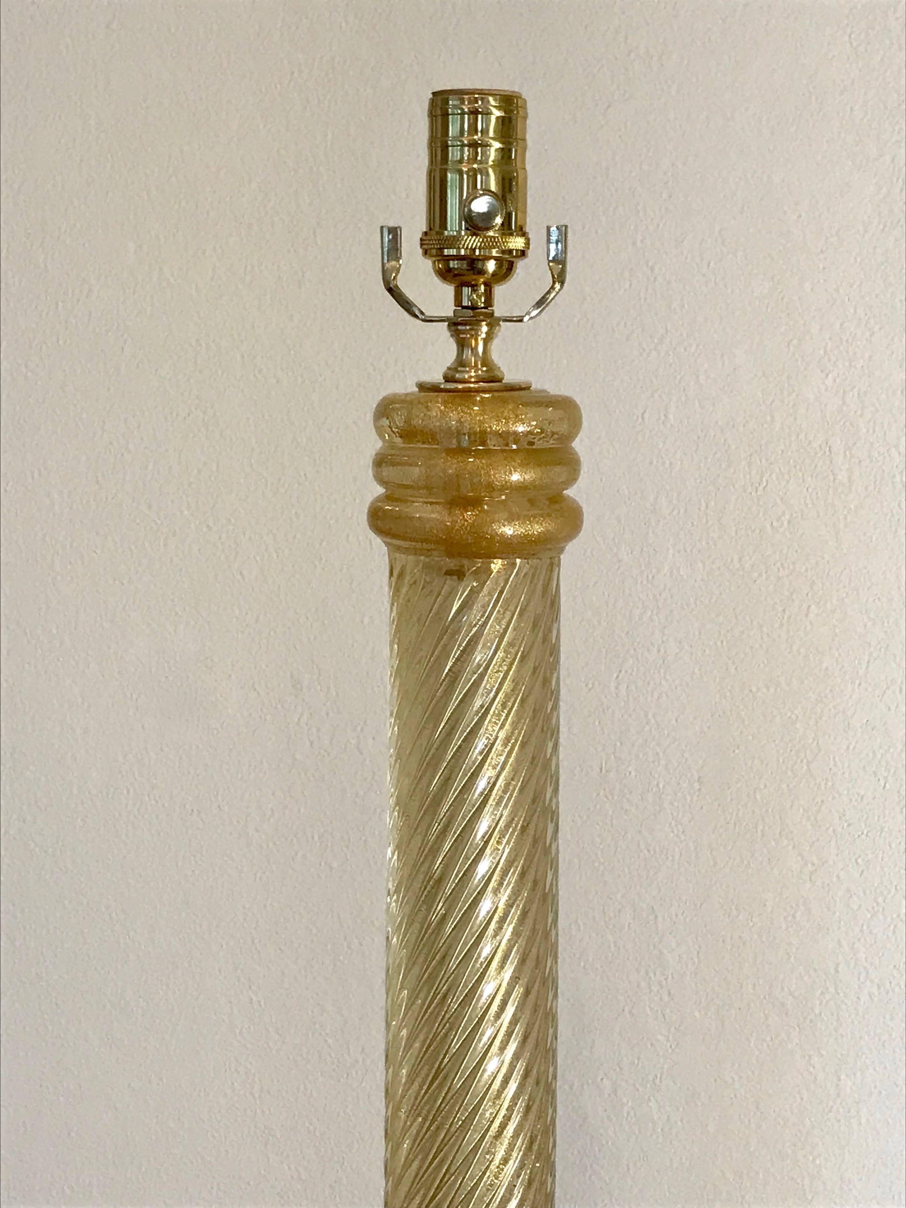 Italian Single Tall Spiral Ribbed Gold and Clear Murano Glass Lamp
