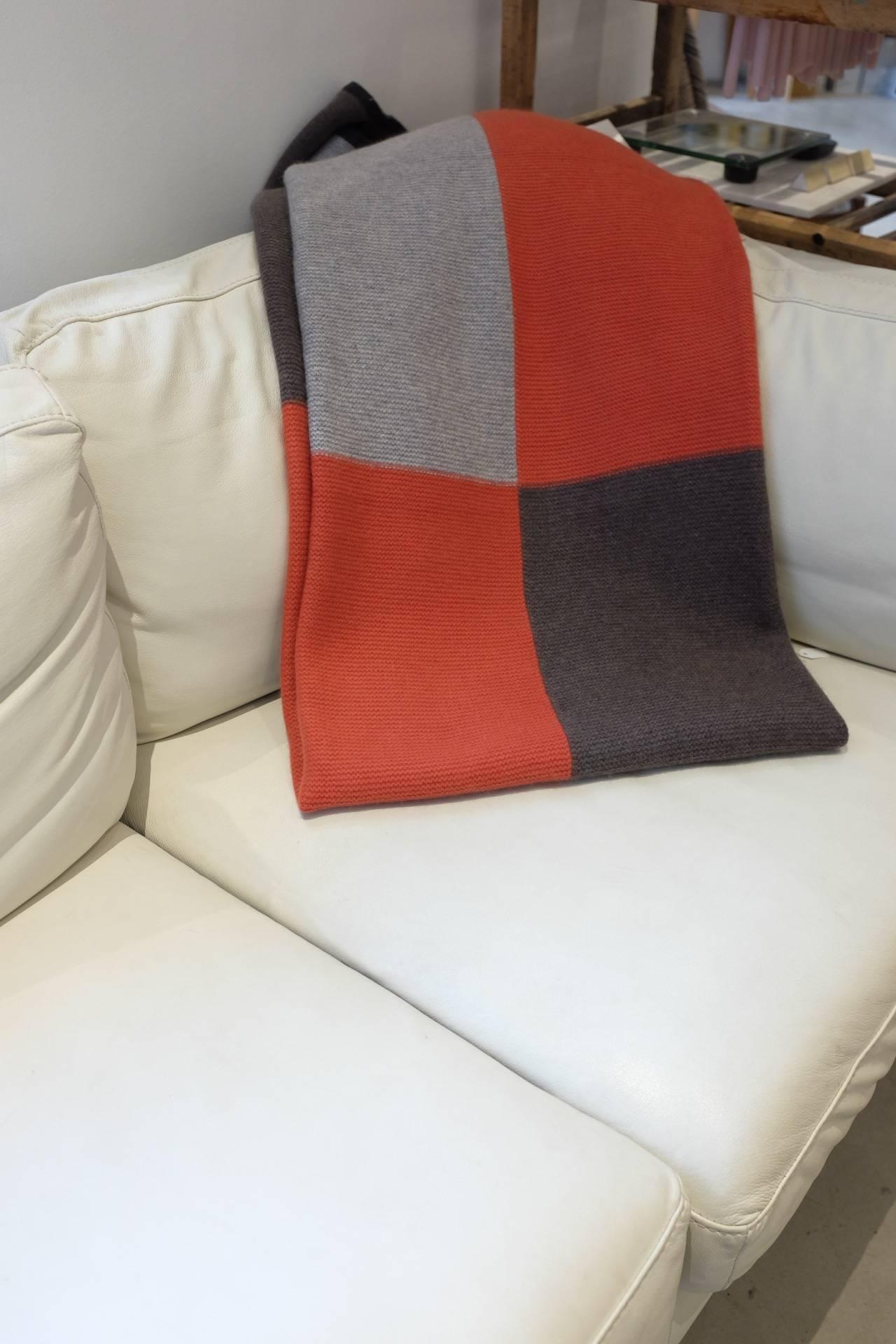 Mongolian Hopscotch Purl Knit Grey and Rust Orange Cashmere Throw For Sale