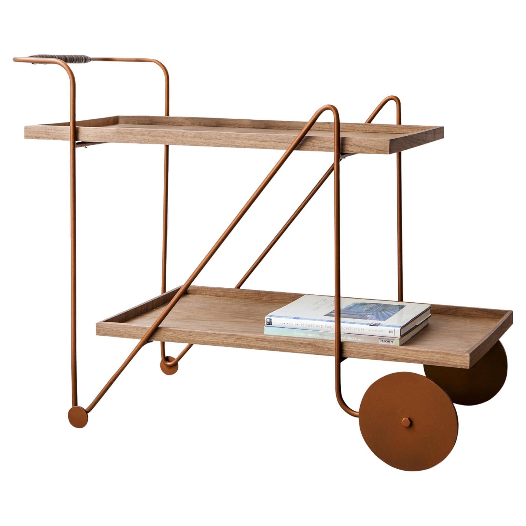 "Jorge" Bar Cart Modernist Style Cooper Color Painted Steel and wood natural For Sale