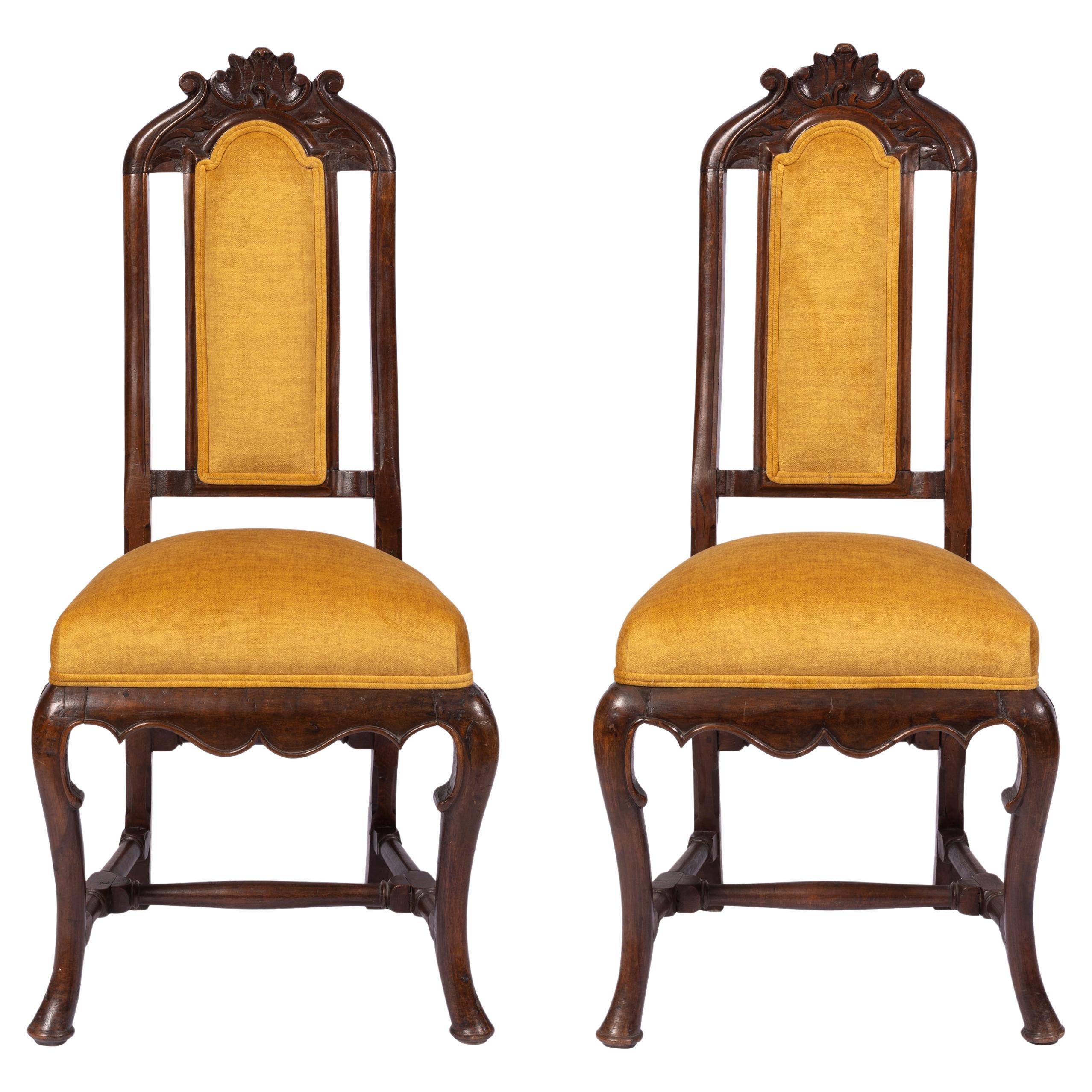 Pair of Antique Queen Anne Style Chairs w Modern Vivid Orange Yellow Upholstery For Sale