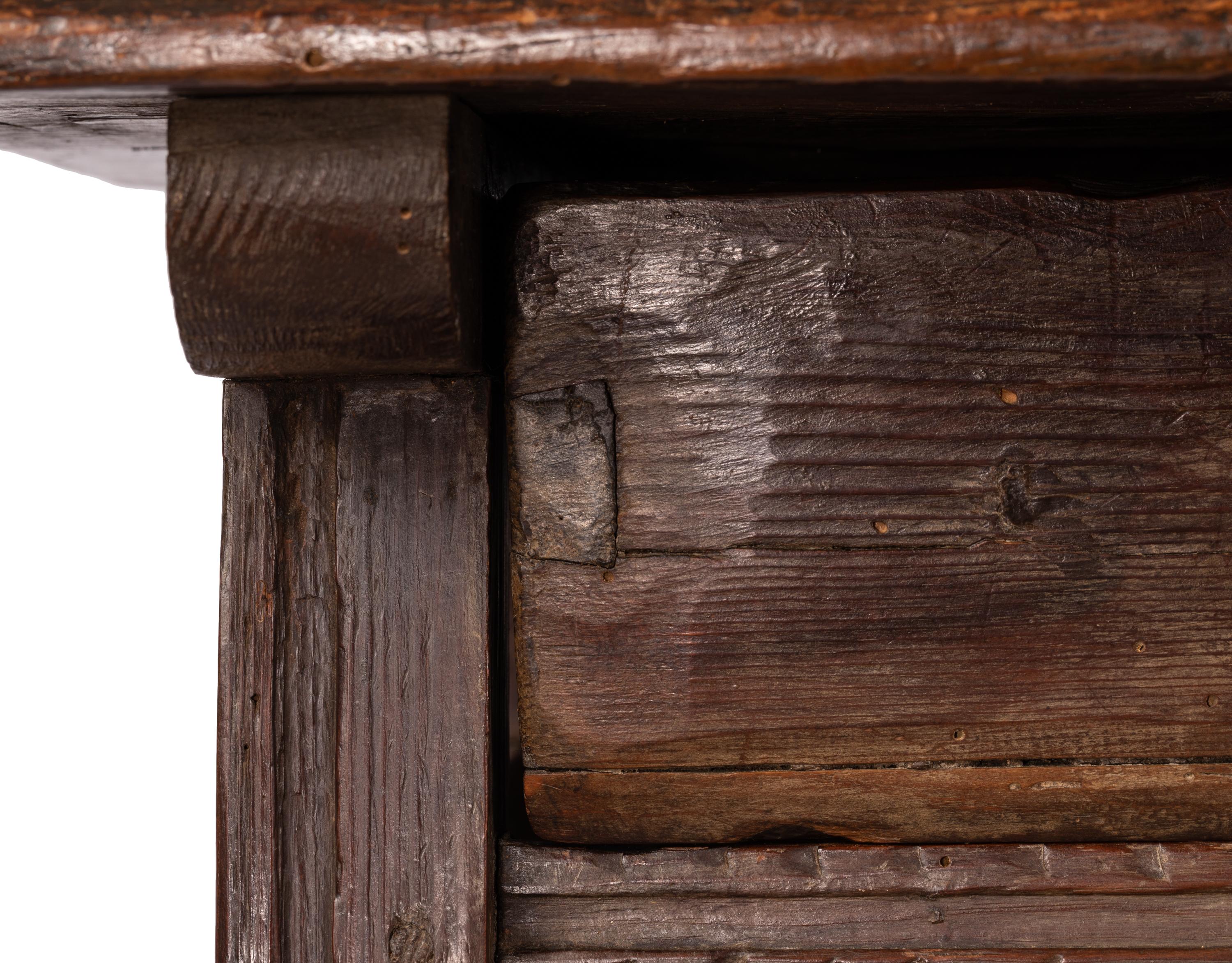 Small 18th C. Rustic Northern Spanish Table with Drawer, Intricately Hand-Carved For Sale 7