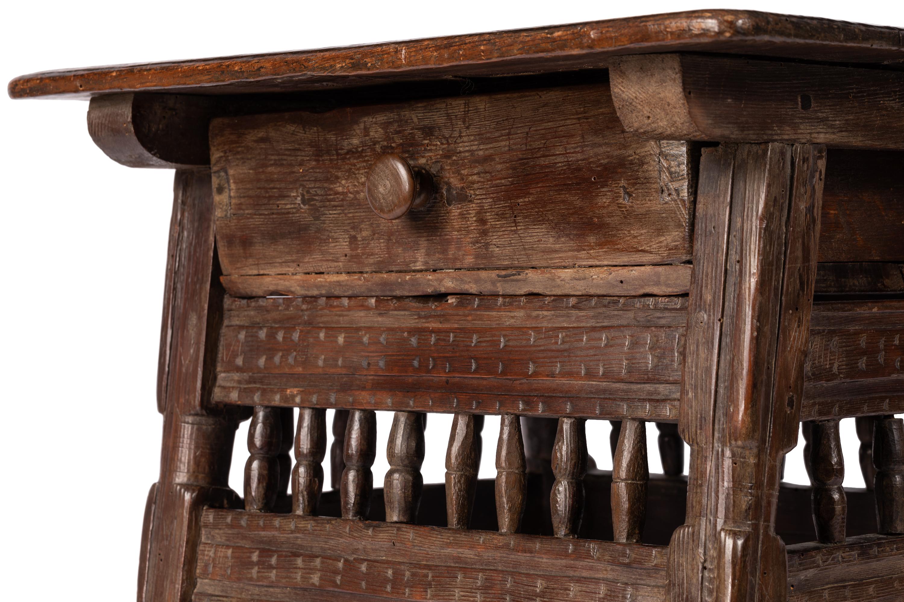 Small 18th C. Rustic Northern Spanish Table with Drawer, Intricately Hand-Carved For Sale 2