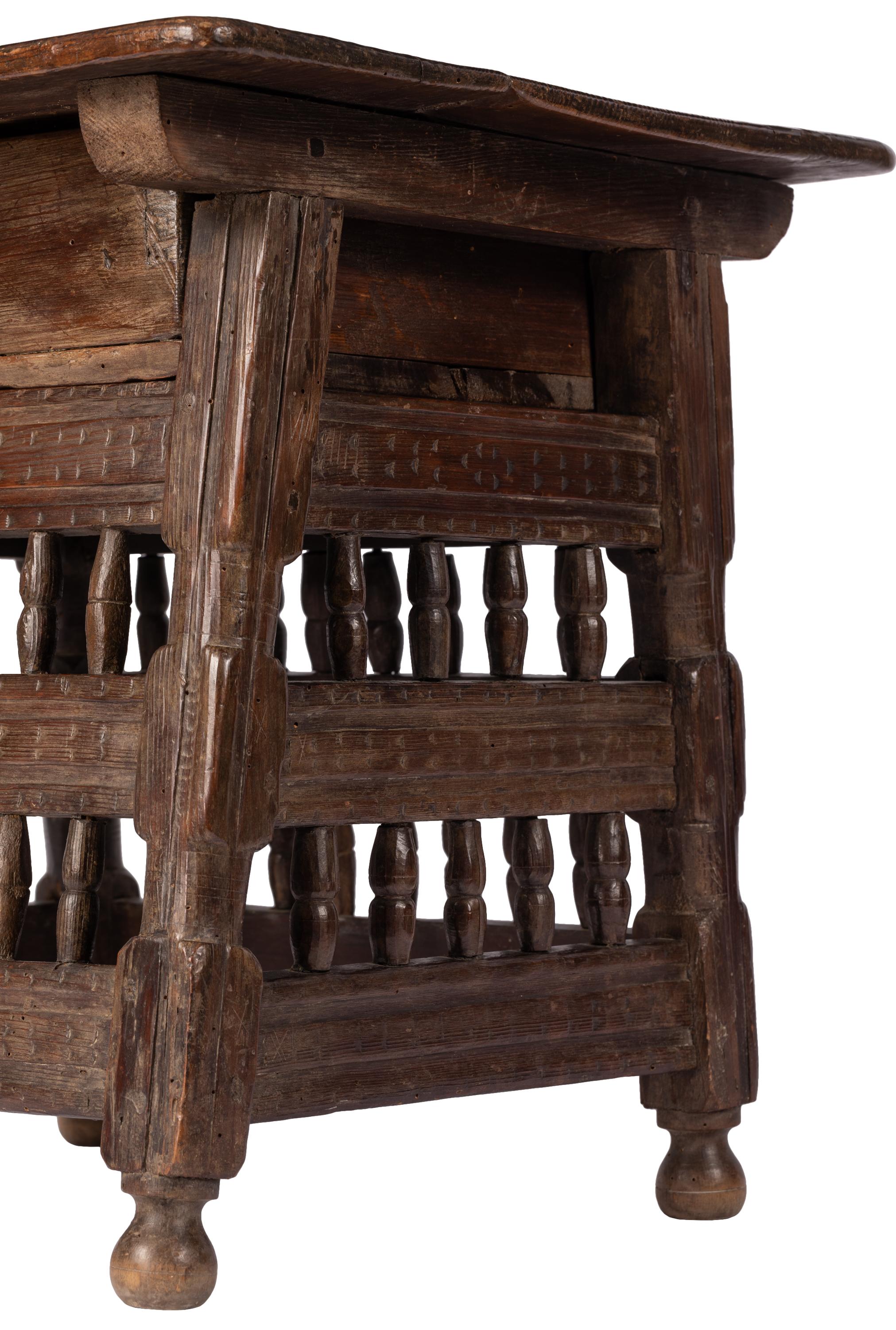 Small 18th C. Rustic Northern Spanish Table with Drawer, Intricately Hand-Carved For Sale 9