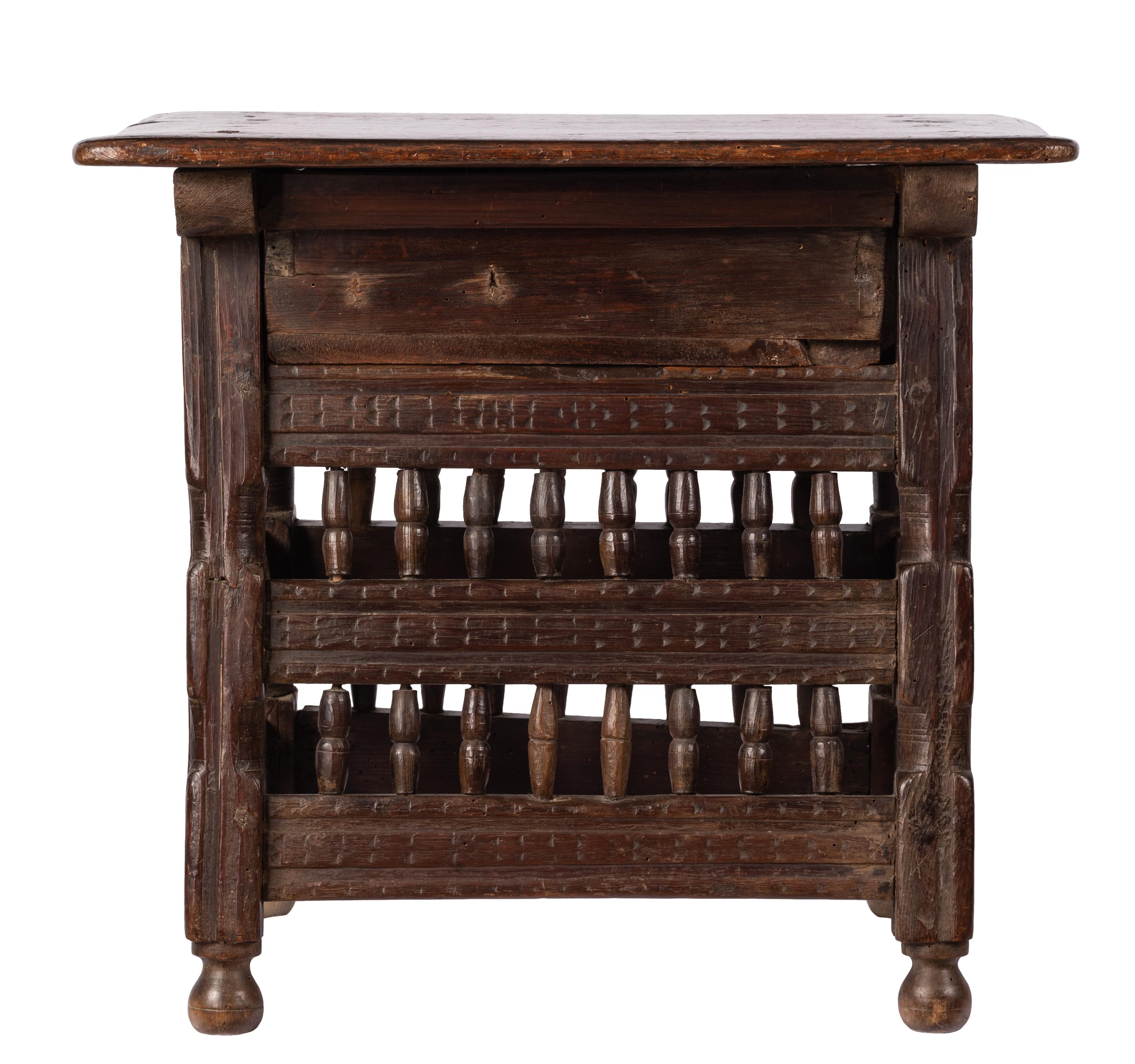 Walnut Small 18th C. Rustic Northern Spanish Table with Drawer, Intricately Hand-Carved For Sale