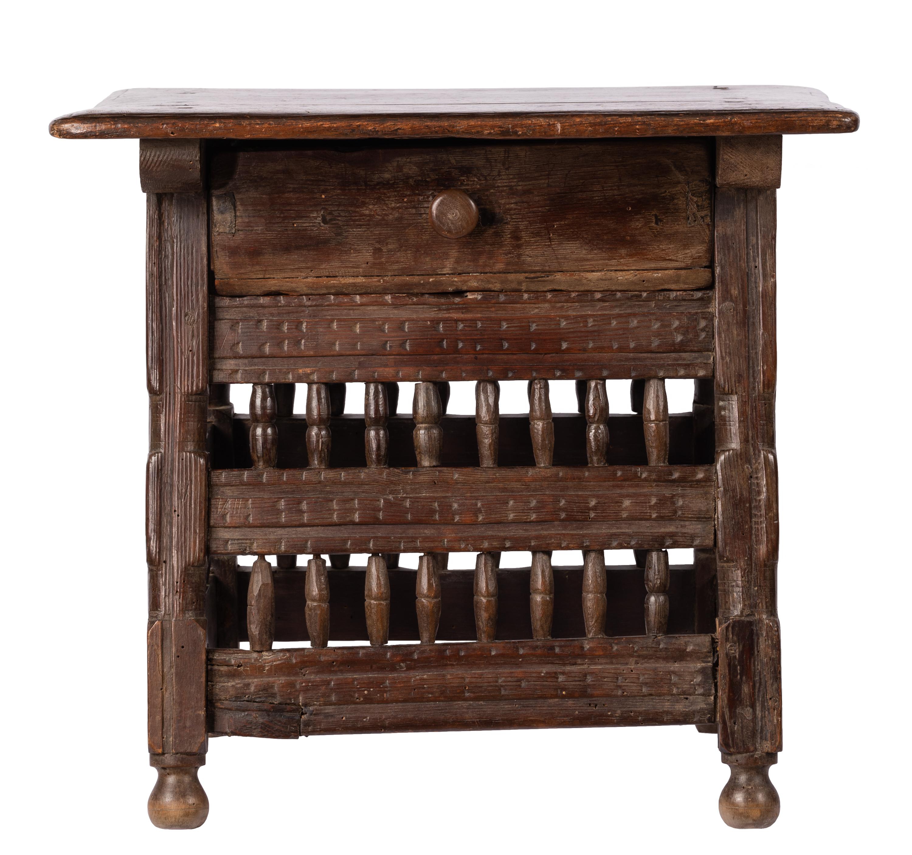 Small 18th C. Rustic Northern Spanish Table with Drawer, Intricately Hand-Carved In Good Condition For Sale In Madrid, ES
