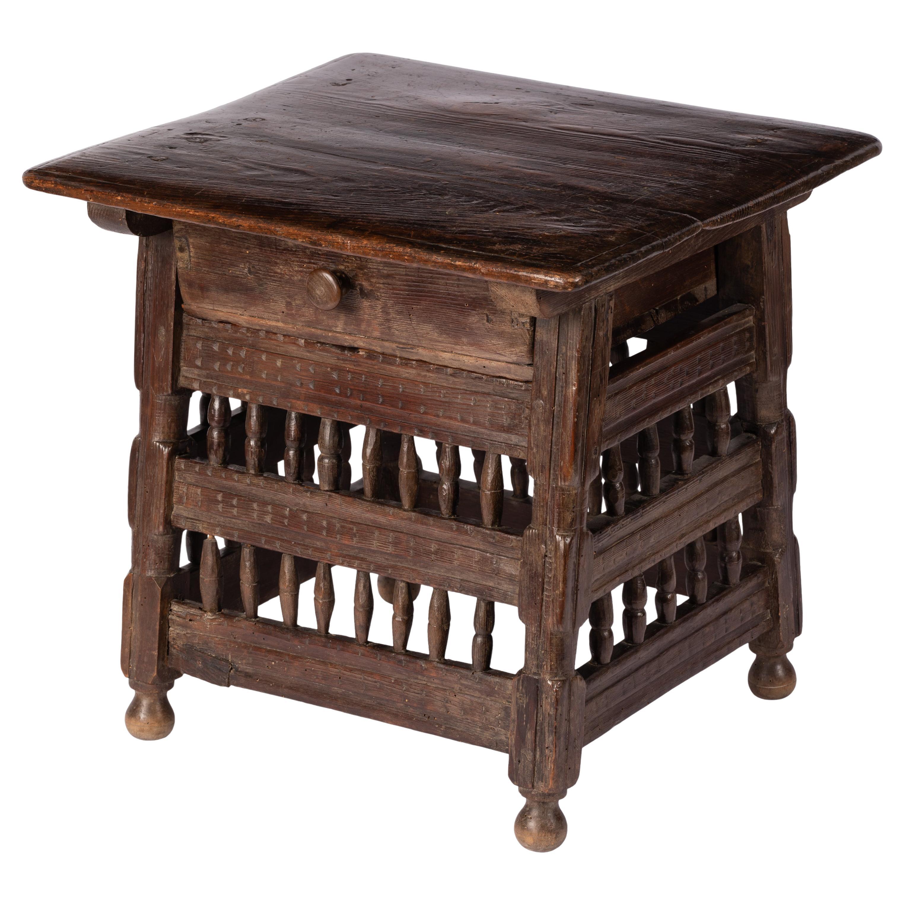 Small 18th C. Rustic Northern Spanish Table with Drawer, Intricately Hand-Carved For Sale