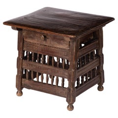Small 18th C. Rustic Northern Spanish Table with Drawer, Intricately Hand-Carved