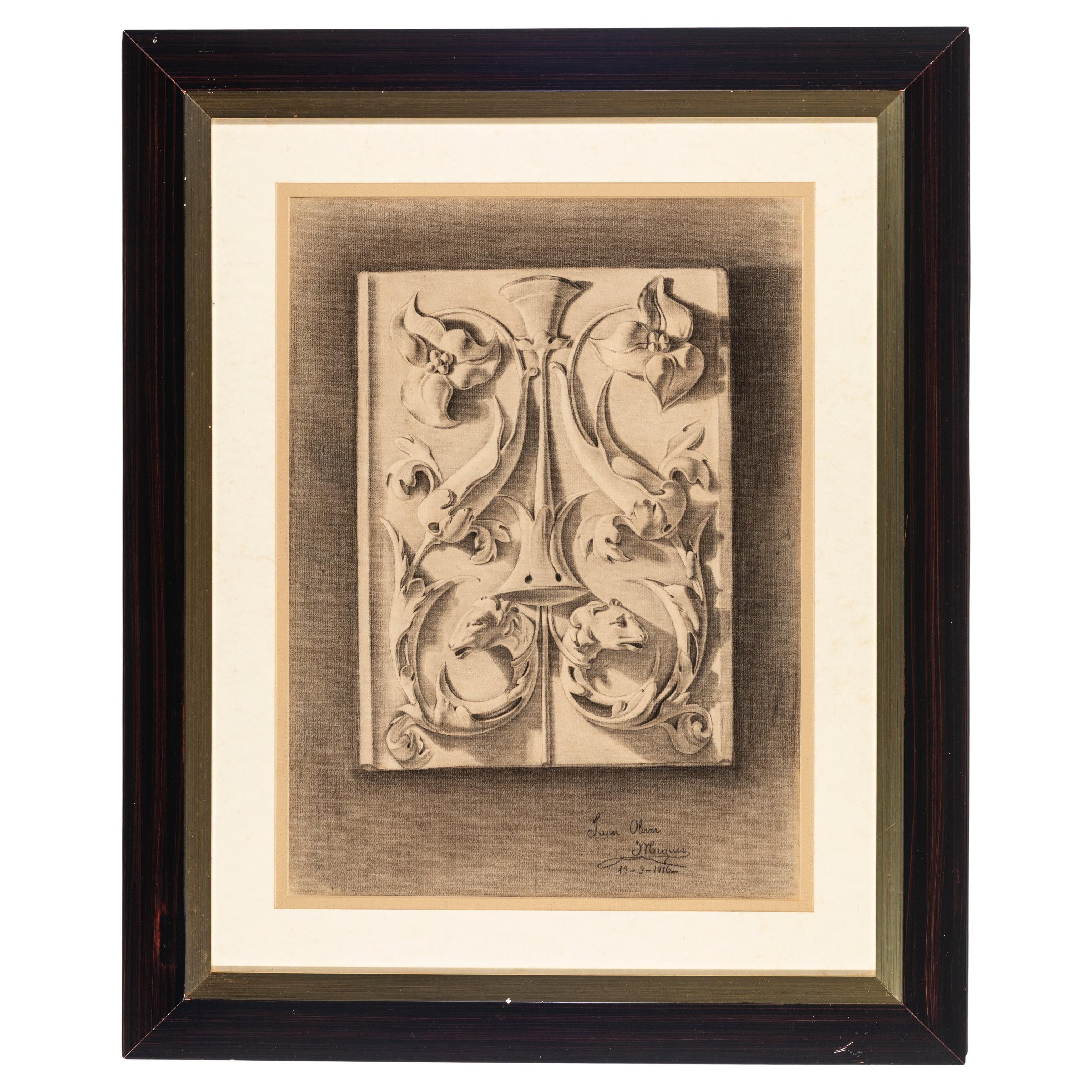 Vintage Charcoal Drawing of Architectural Detail, Early Work by Known Artist