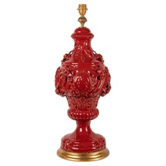 Large Vintage Mid-Century Spanish Ceramic Table Lamp, Vivid Red Glaze, Manises