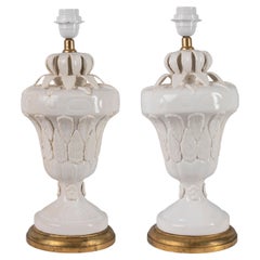 Pair of Mid-Century Spanish Ceramic Lamps, White Glaze, Floral Motif, Manises