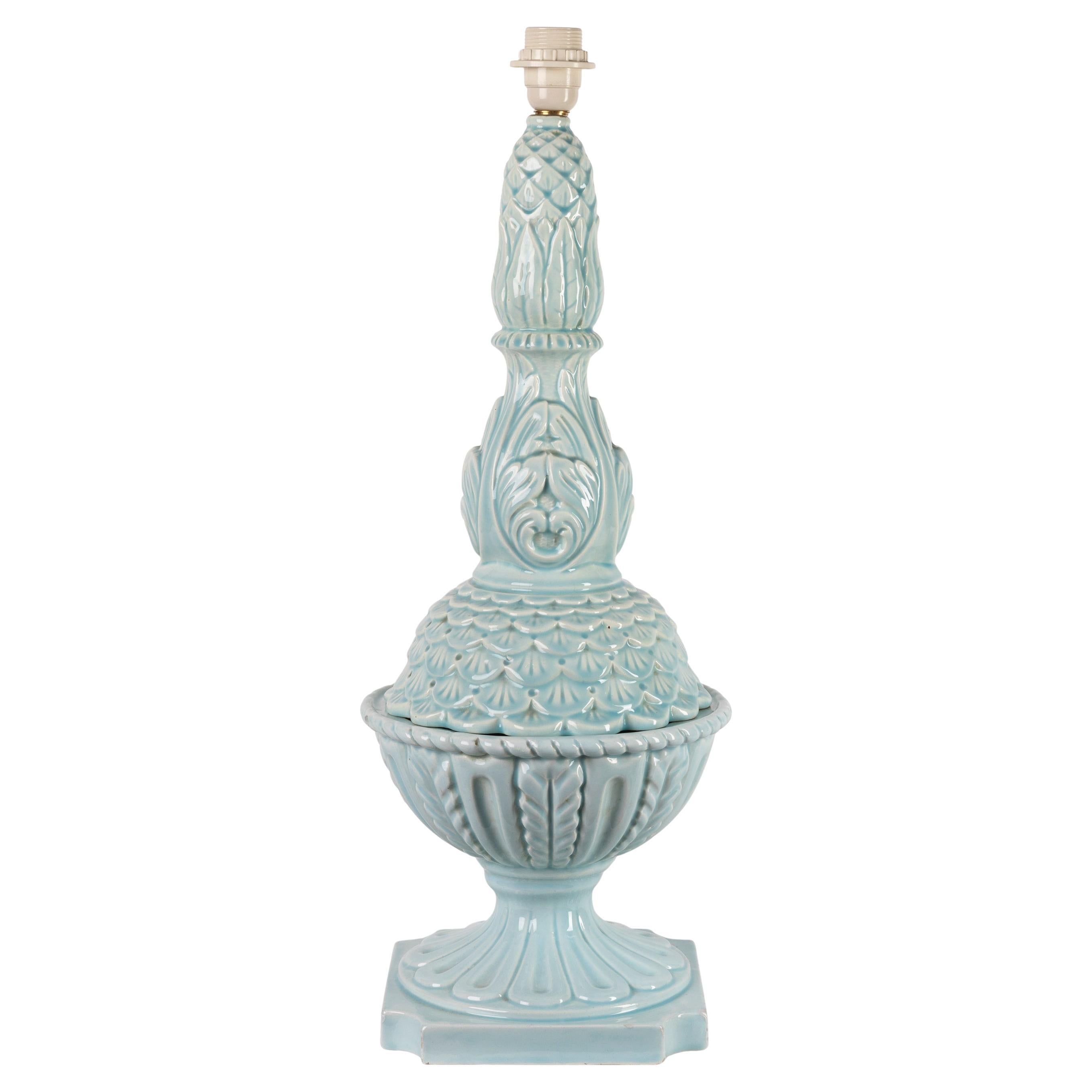 Grande lampe de table en céramique espagnole du milieu du siècle, glaçure bleu aquatique, néoclassique