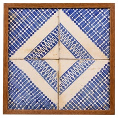 Framed Set of Four Hand-Painted Blue and White Spanish Ceramic Tiles