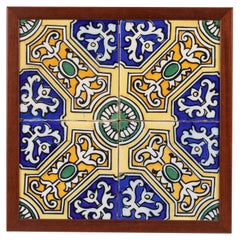 Framed Set of Four Hand-Painted Brightly Colored Valencian Spanish Ceramic Tiles