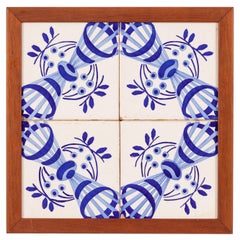 Framed Set of Four Vintage Hand-Painted Catalan Spanish Ceramic Tiles