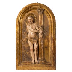 Spanisches Renaissance-Tafelbild aus dem 16. Jahrhundert, „Christus an der Säule“, aus geschnitztem, vergoldetem Holz