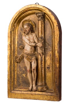 Spanisches Renaissance-Tafelbild aus dem 16. Jahrhundert, „Christus an der Säule“, aus geschnitztem, vergoldetem Holz