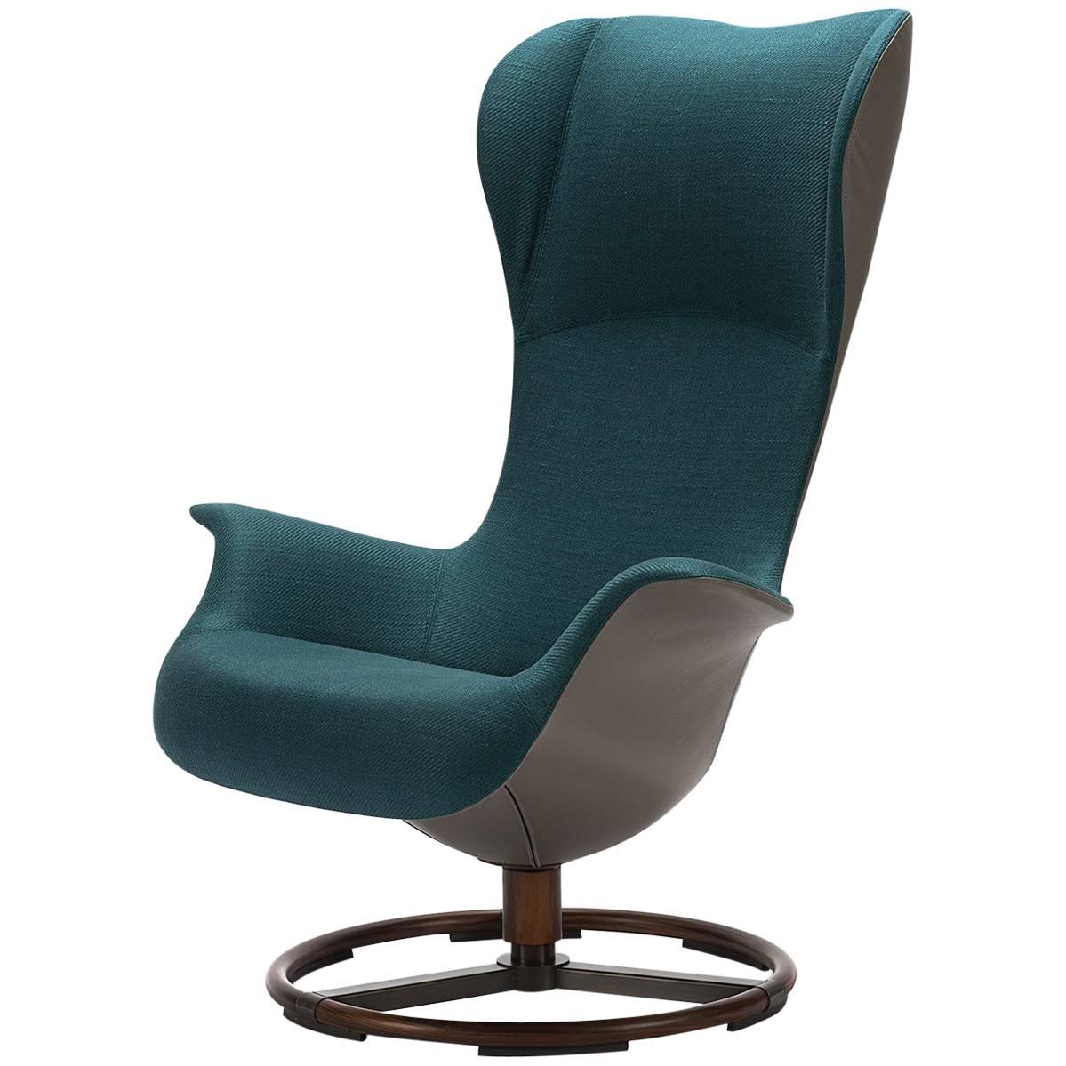 Teal Fabric & Taupe Italian Leather Tilt Swivel Ergonomic Wing Chair, Giorgetti