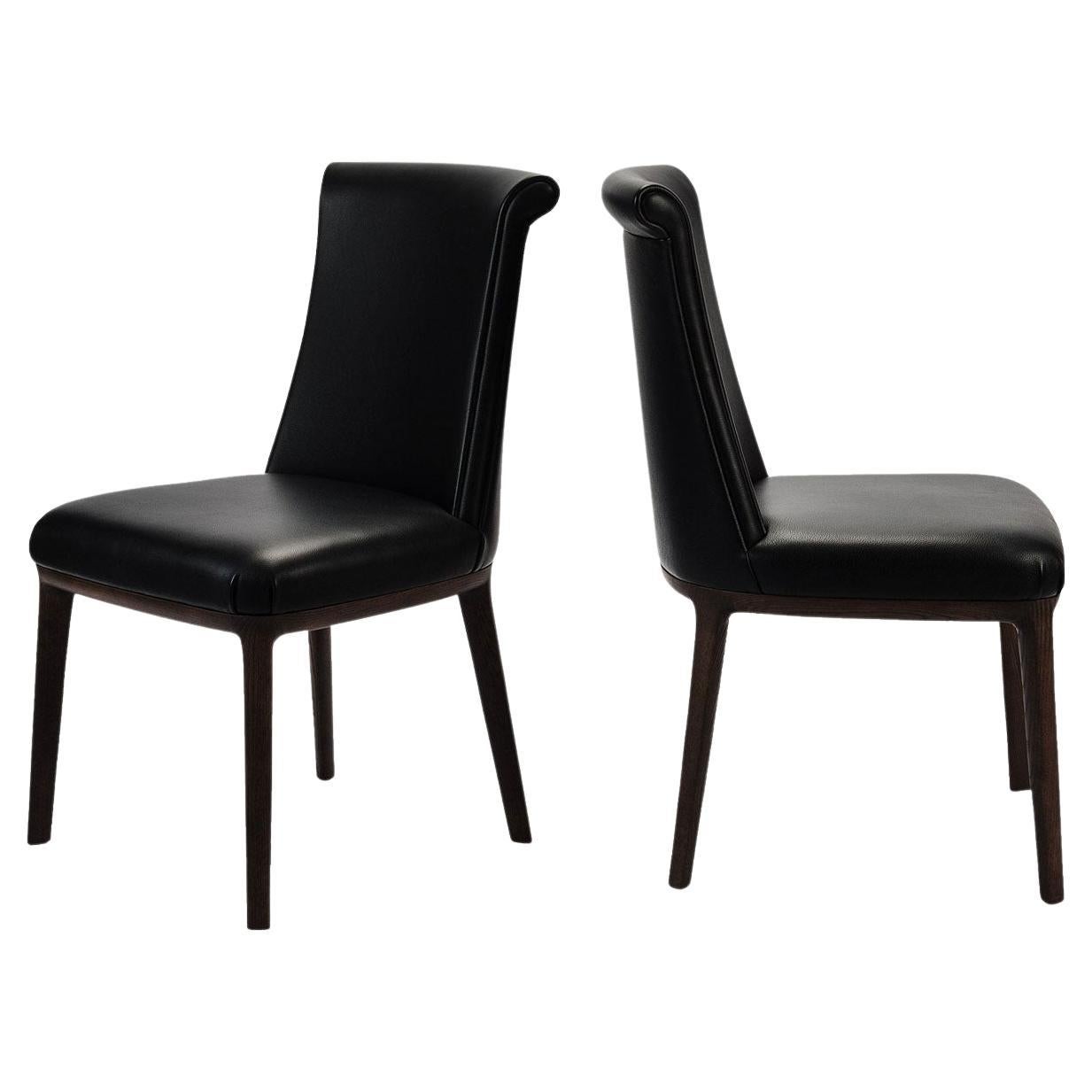 Set of Black Leather Dining Chair with Mocha Stained Ash Wood Leg, Poltrona Frau For Sale