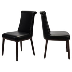 Set of Black Leather Dining Chair with Mocha Stained Ash Wood Leg, Poltrona Frau