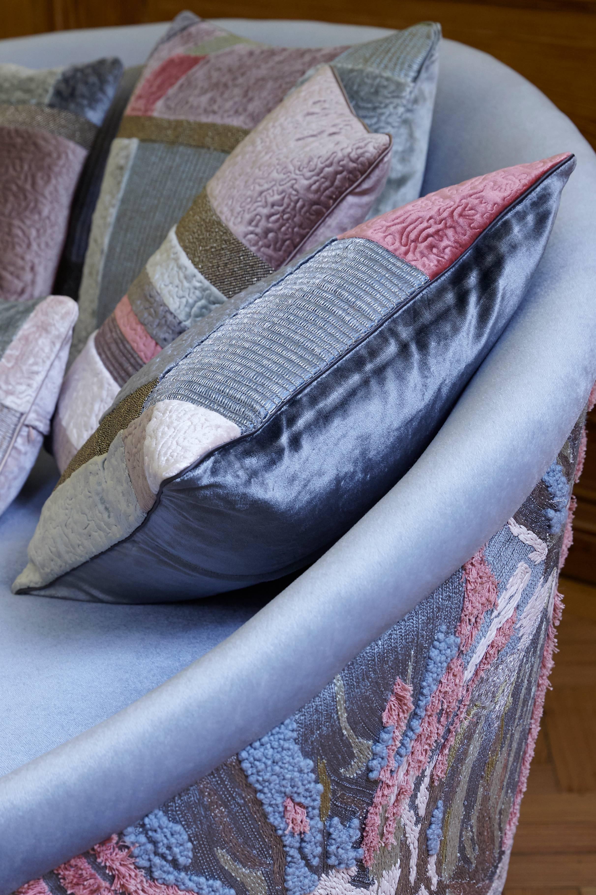 Mid- century Curved Sofa upholstered in hand embroidered blue velvet  In Excellent Condition For Sale In London, GB