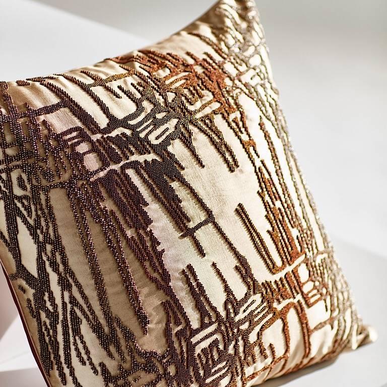 Modern Hand Crafted Set of Two Beaded Pillows Shades of Gold For Sale