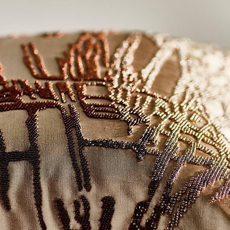 English Hand Crafted Set of Two Beaded Pillows Shades of Gold For Sale