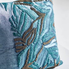 Hand Crafted  Appliqué Pillows Hand Embroidered Abstract Aqua Foliage Design