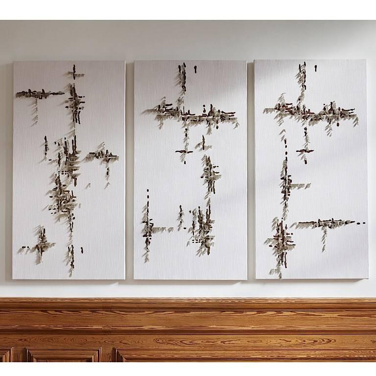 Hand crafted embroidered contemporary tapestry triptych.
Embroidered on a Dedar linen ivory ground the three pieces are embroidered with beaten metal bullion in Geraldine Larkin custom finish and colors. The metalwork is complimented by fringes 
of