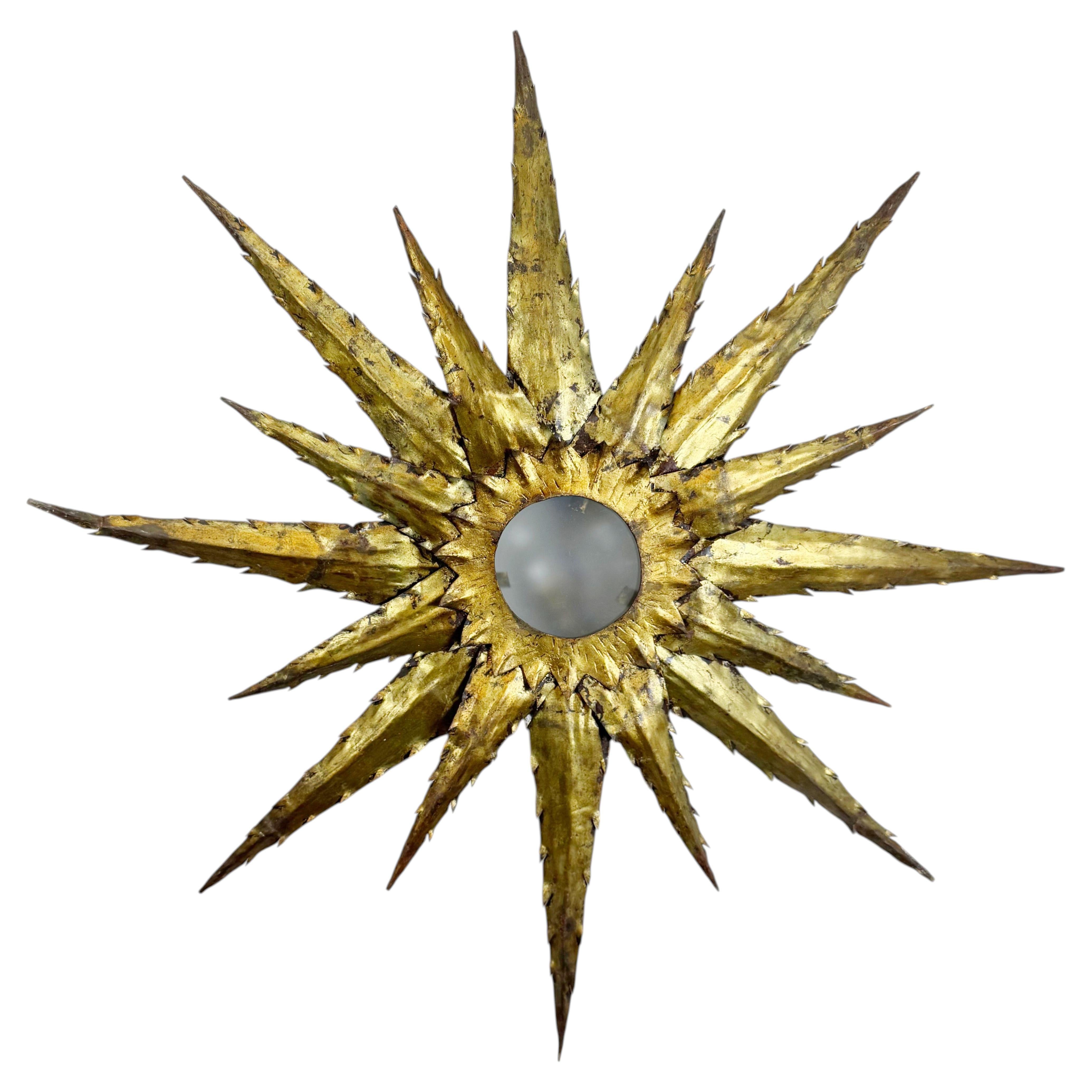 Hand-Forged 1950s Mid-Century Brutalist Sunburst Ceiling Light For Sale