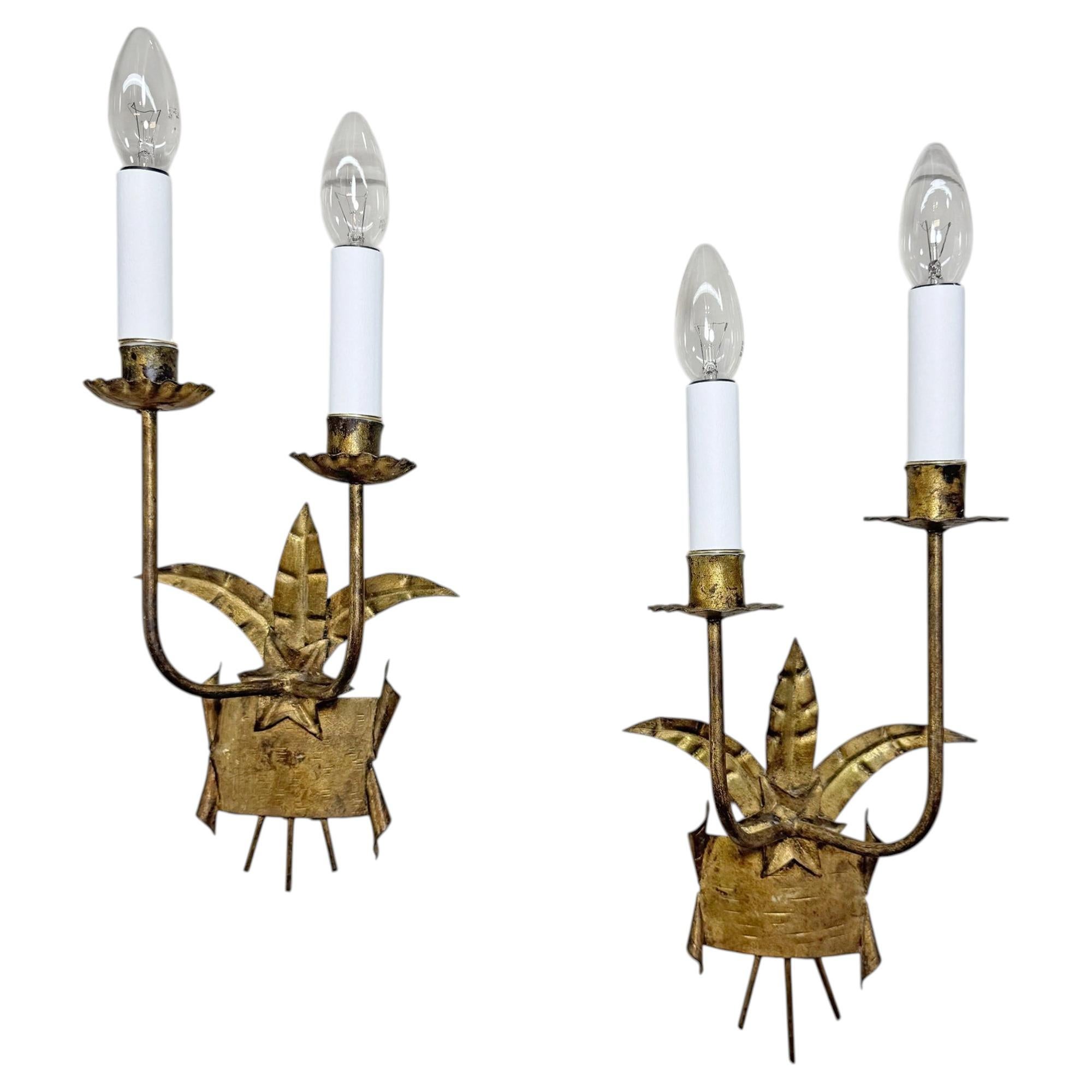 Pair of 1950's Ferro Art Gilt Iron Spanish Wall Lights For Sale