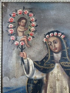 Peinture à l'huile de l'école de Cuzco du XIXe siècle représentant sainte Rose de Lima