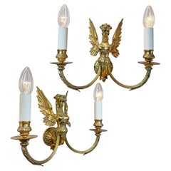 Pair Of Circa 1900 Gilded Bronze Female Griffin Empire Wall Lights